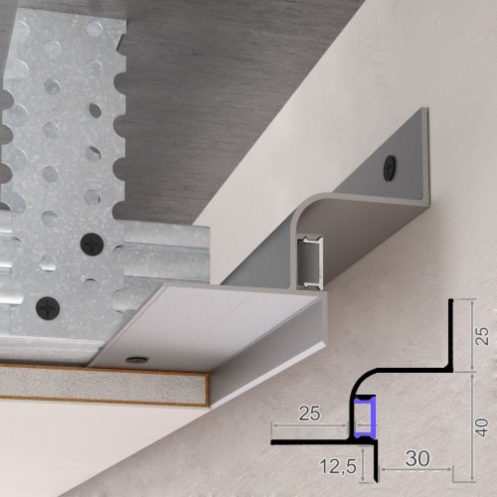 Збільшений профіль тіньового шва зc LED-підсвіткою, 30х40х2500 мм